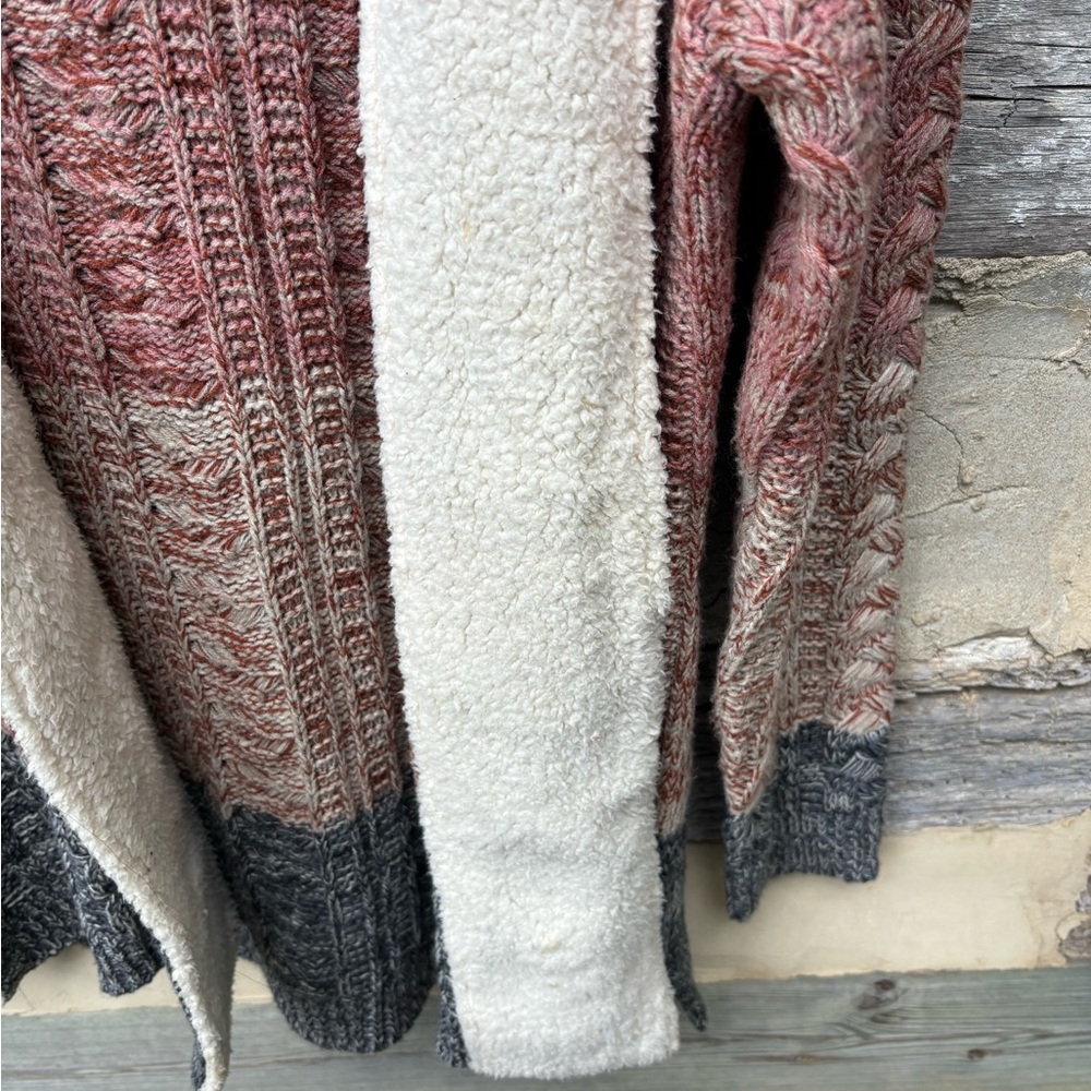 Lety & Me Cozy Multicolor Knit Sherpa Trim Open-Front Cardigan with Hoodie M - Picture 6 of 7
